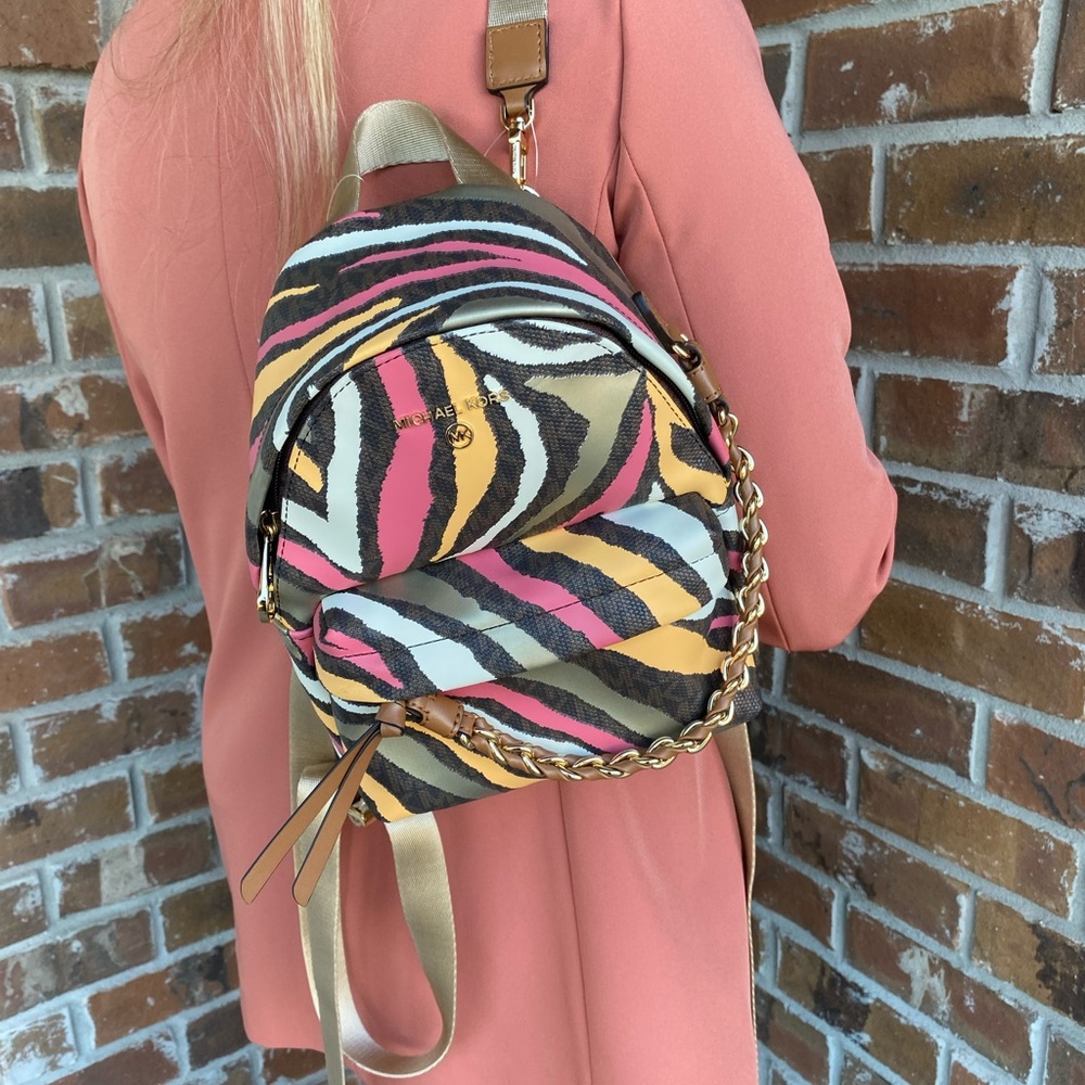 NWT Michael Kors Slater Small Metallic Zebra Logo Convertible Backpack